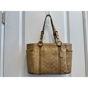 Used COACH Signature Gold Tan Glitter Monogram Vintage Tote Bag